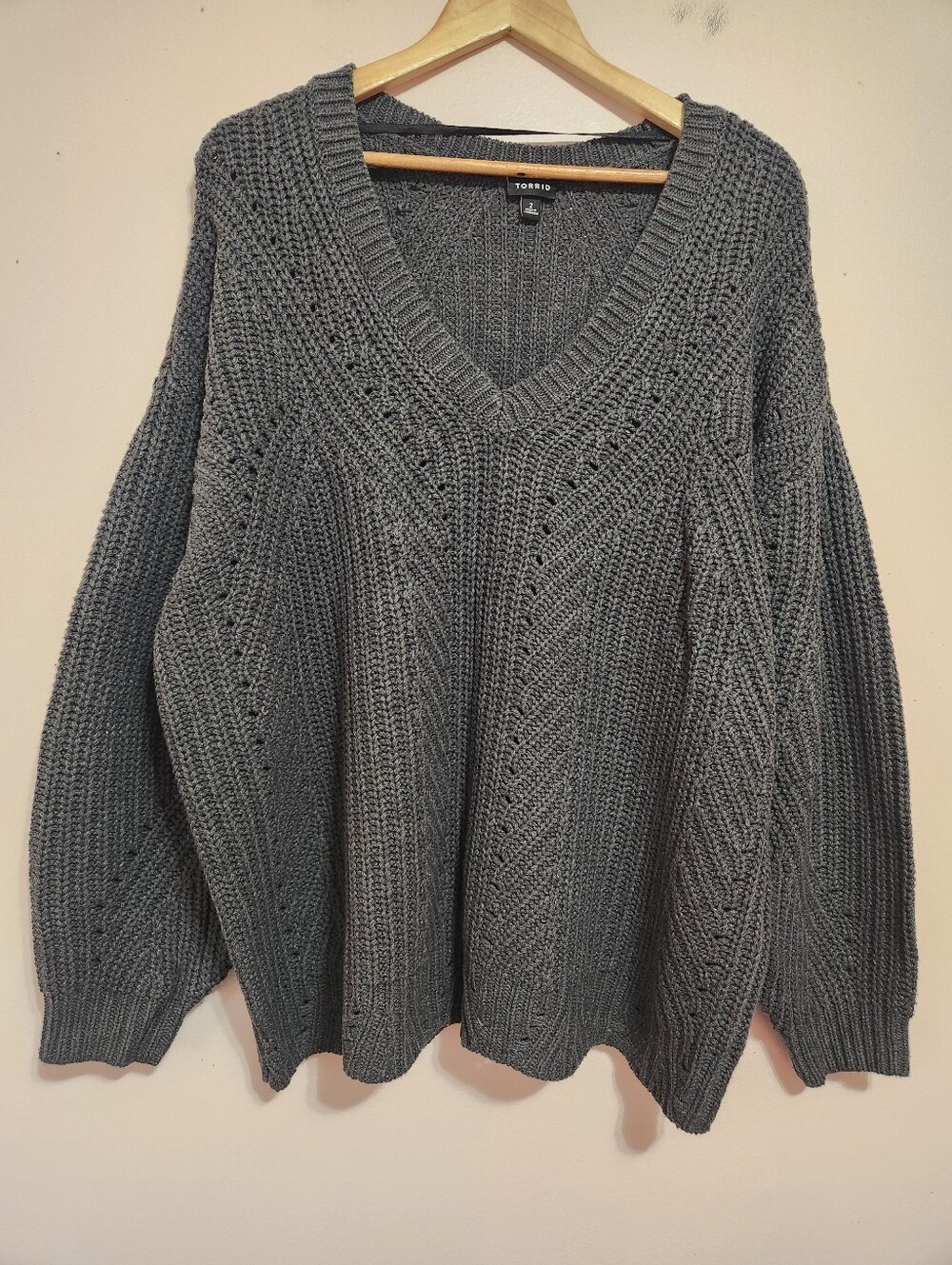 Torrid 2X Grey Chunky Pointelle Knit V-Neck Slouchy Oversized Boho Sweater